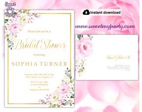 Cream pink roses Bridal Shower invitation printable template, (135)